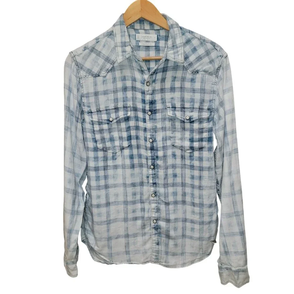 Lucky Brand Indigo linen plaid western long sleeve shirt Mens S - Picture 1 of 7